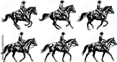 Set of Six Equestrian Silhouettes Depicting Horseback Riders in Various Gaits, Illustrating Western Riding, Ranch Life, Cowboy Culture, and Horsemanship.