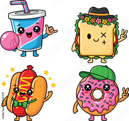 Cute cartoon soda with bubble gum, sandwich with hat and flowers, hotdog with bow tie, pink donut with green cap, funny food characters illustration