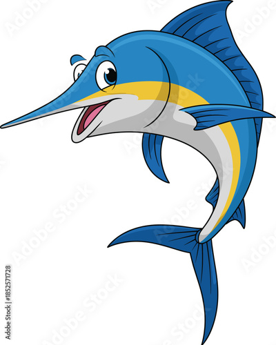 Cute cartoon swordfish illustration, blue marlin fish vector, smiling ocean animal character for kids, tropical sea creature isolated design