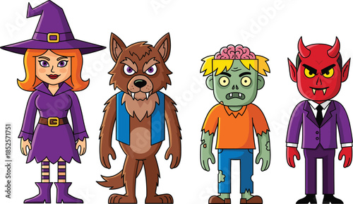 Cute Halloween witch, scary werewolf, funny zombie, devil cartoon characters, spooky costume party, fantasy monsters, colorful kids illustration, Halloween theme, scary and funny design