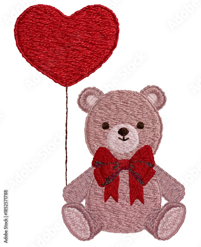 手刺繍のハートの風船とテディベア