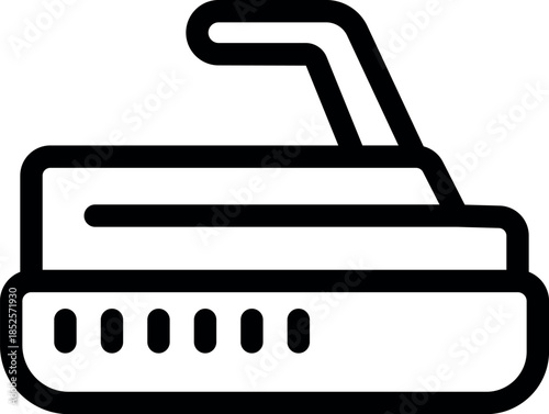 Steam iron generating steam for ironing clothes, household appliance, simple black and white icon