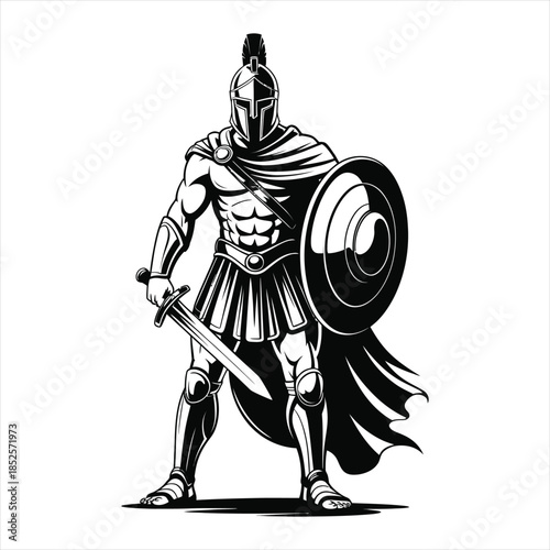 Standing Spartan Warrior in Full Armor - Greek Gladiator with Shield and Cape