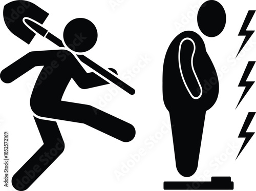 Person digging a hole to bury an overweight person on a scale.