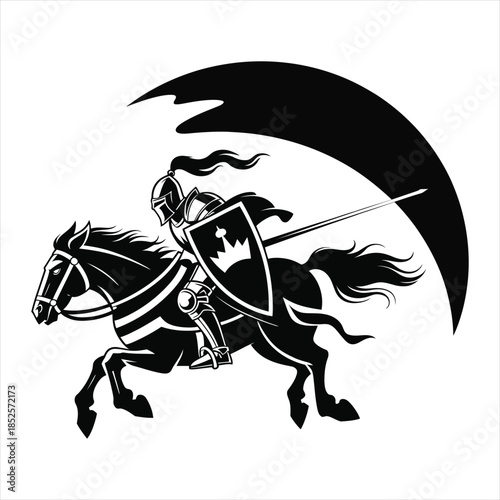 Medieval Knight on Horseback with Crescent Moon Arc - Warrior Silhouette Vector