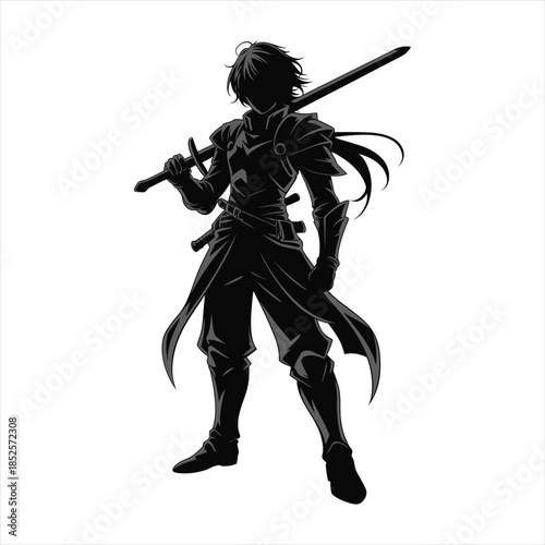 Confident Anime Warrior Resting Sword on Shoulder Silhouette 
