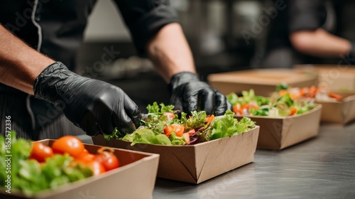 Close-up of gloved hands assembling healthy salads with fresh greens and tomatoes in recyclable containers. Focus on food prep