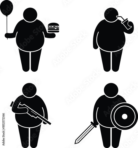 Four pictograms depicting overweight individuals with various items