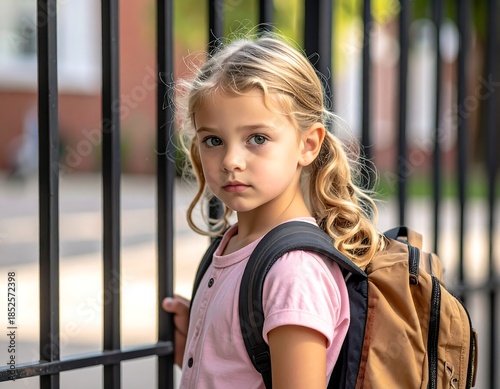 A young blonde girl with backpack by a black fence