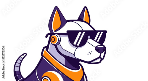 Stylized robot dog illustration with sunglasses on white background