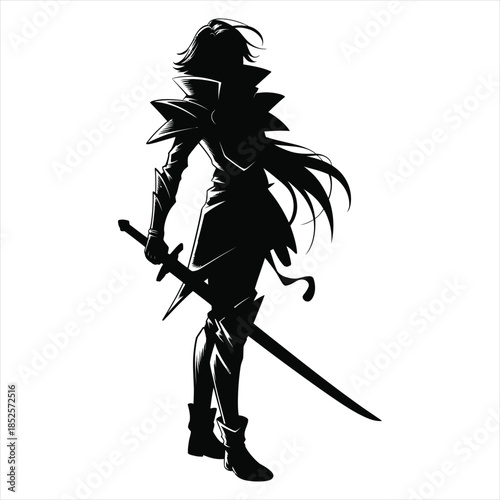 Elegant Standing Female Knight Silhouette - Medieval Warrior Woman with Sword