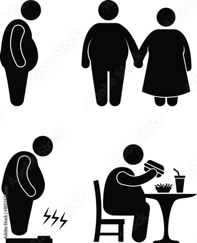 Obesity and unhealthy lifestyle icons representing weight gain and poor eating habits