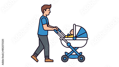 Caring father pushing a stroller with a baby on a sunny day