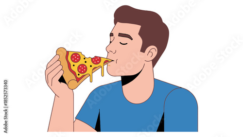 Man enjoying a delicious cheesy slice of pizza with eyes closed in pure delight