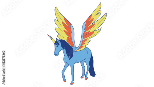 Majestic winged unicorn with vibrant, fiery wings stands proudly on a white background.