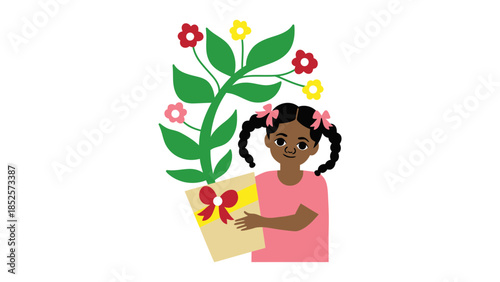 Young girl happily holding a potted plant with a bow