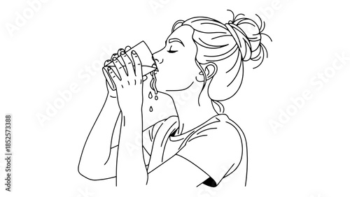Young woman with hair in a bun drinks from a glass, water splashing slightly.