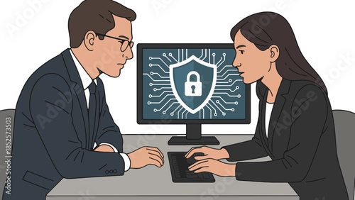 Two professionals intently facing each other over a computer displaying a digital security shield.