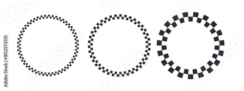 Round checkered frames with black and white racing pattern. Circular borders featuring classic checkerboard design for motorsport graphics and vintage decoration projects.