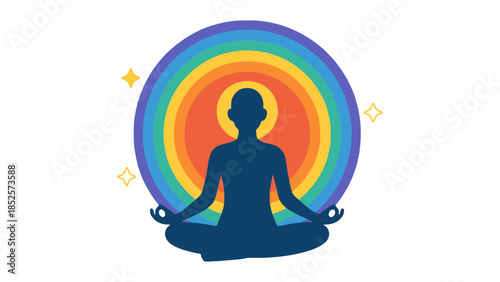 Serene silhouette meditating within a vibrant rainbow aura, symbolizing peace and spiritual enlightenment.