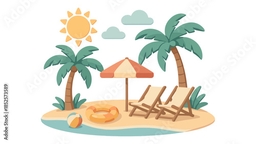 Tropical beach paradise with lounge chairs and palm trees under a sunny sky