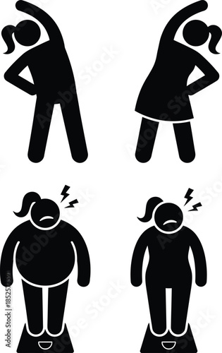 Two women exercising and two women weighing themselves with worried expressions