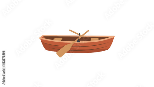 A simple wooden rowboat with oars, ready for a peaceful journey on the water.