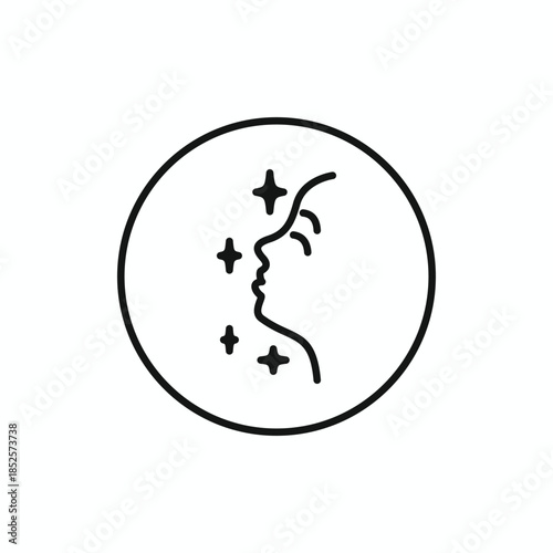 Minimalist glowing skin icon with female facial profile and sparkles. Ideal for beauty, skincare, and dermatology branding
