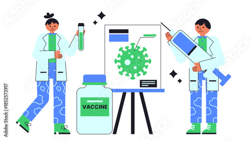 Flat vector illustration showing personalized cancer neoantigen vaccine research and immunotherapy development process