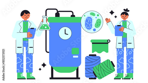 Flat vector illustration showing microbial biotechnology producing sustainable silk fibers using bacteria