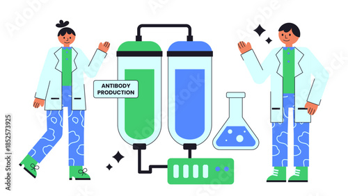 Flat vector illustration of perfusion bioprocessing systems for continuous antibody manufacturing