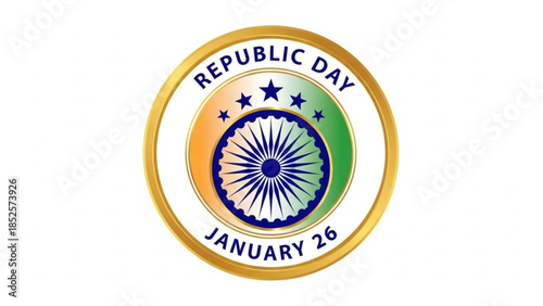 Republic Day India January 26 Ashoka Chakra Indian Flag Colors Golden Emblem Isolated on White