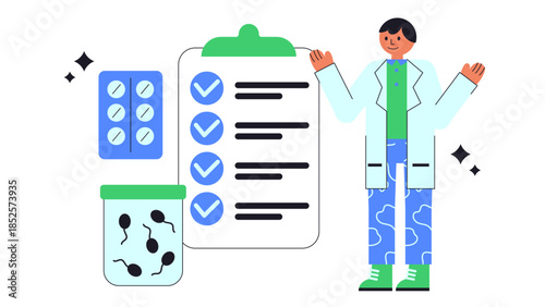 Flat vector illustration representing non-hormonal male contraceptive research in biotechnology