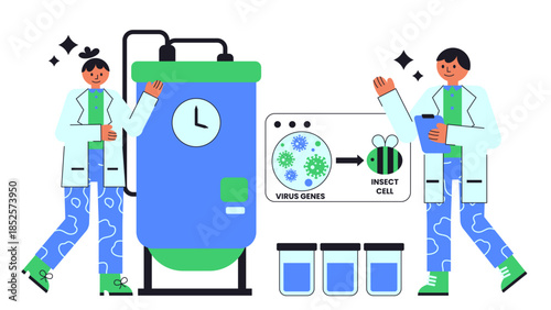Flat vector illustration of vaccine manufacturing using insect cell culture systems