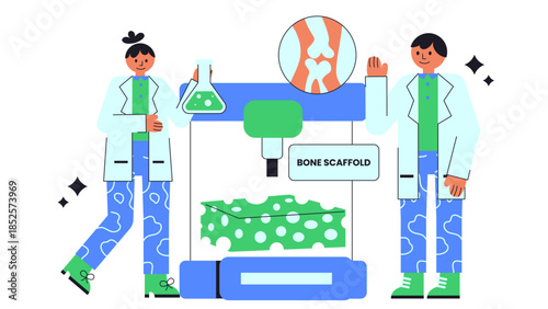 Flat vector illustration of 3D bioprinting bone scaffolds for orthopedic tissue engineering