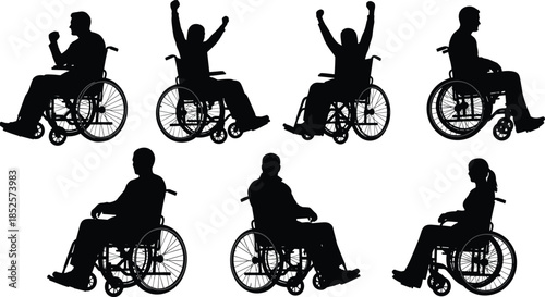 Wheelchair user silhouettes, black icons, empowered poses, raised arms, seated positions, vector set, disability inclusion, mobility, awareness, strength