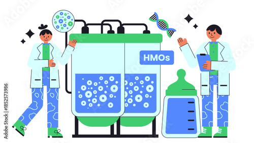 Flat vector illustration of precision fermentation producing human milk oligosaccharides