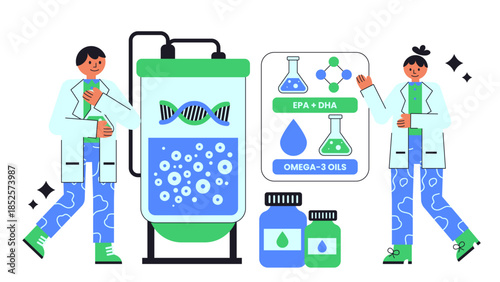 Flat vector illustration showing bioengineering algae to produce omega-3 fatty acids