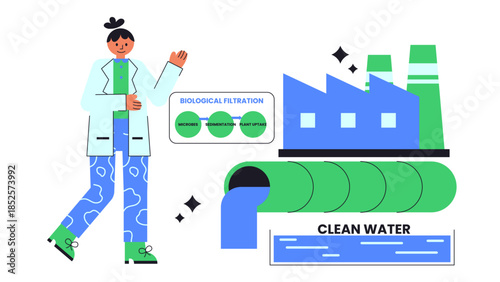 Flat vector illustration of constructed wetlands used for natural wastewater biotreatment