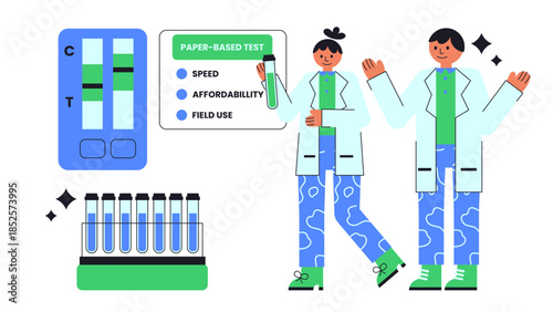 Flat vector illustration showing paper-based nucleic acid amplification diagnostic tests
