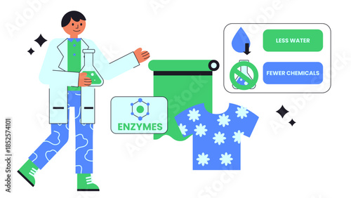 Flat vector illustration of enzymatic textile processing reducing water and chemical use
