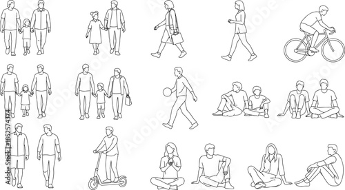 people, walking, biking, sitting, silhouette, urban, activity, black, white, icon, illustration, vector, design, symbol, posture, gesture, lifestyle, movement, interaction, casual
