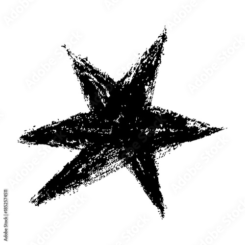 Hand drawn grunge star with rough chalk, charcoal textured edges. Bold black vector illustration on transparent background. Suitable for retro, abstract and punk style artwork