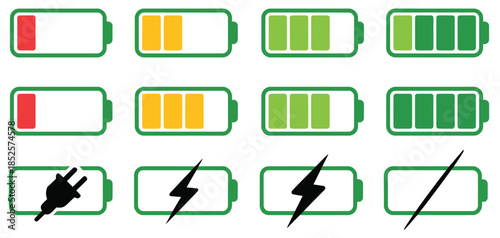Battery vector icon collection featuring and black icons, illustrating battery charge status, energy levels, full and low power indicators