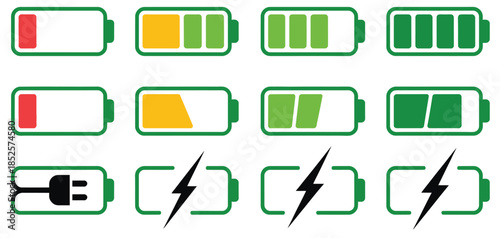 Battery icon set in black and colorful styles, vector icons showing battery charge indicators, battery levels from low to full, energy status, and power level monitoring designs