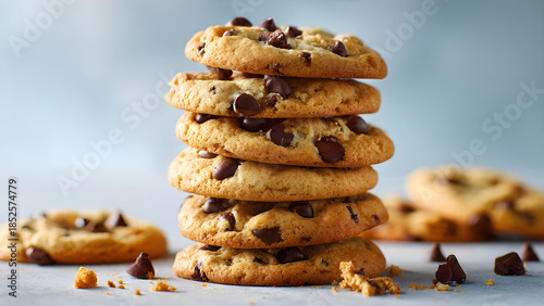 Stack of fresh homemade chocolate chip cookies on a blue background