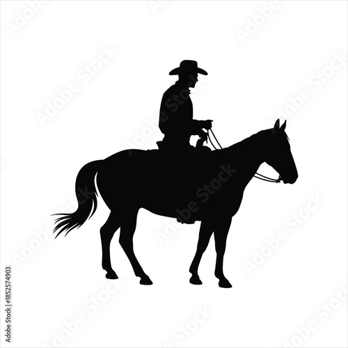 Western cowboy standing on horse silhouette, American outlaw rider vector illustration.
