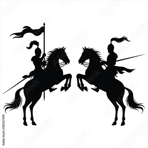 Two knights on horseback silhouette facing each other, medieval warriors with flags vector.