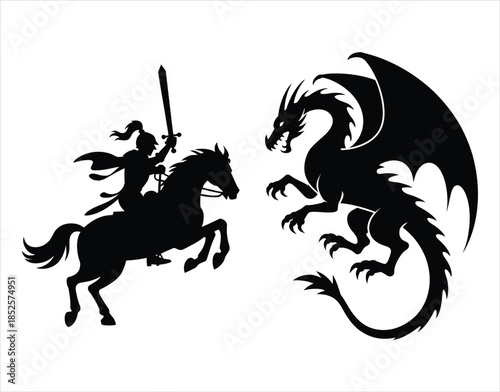 Galloping knight attacking flying dragon silhouette, epic medieval fantasy combat vector.