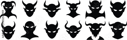 Devil head silhouettes vector set with horns, evil demon faces, scary Halloween clipart design, black monster icons,